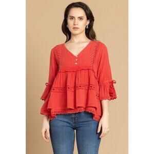 NWT Boutique Boho Women's Pinkilicious Babydoll Tassel top by Bohera